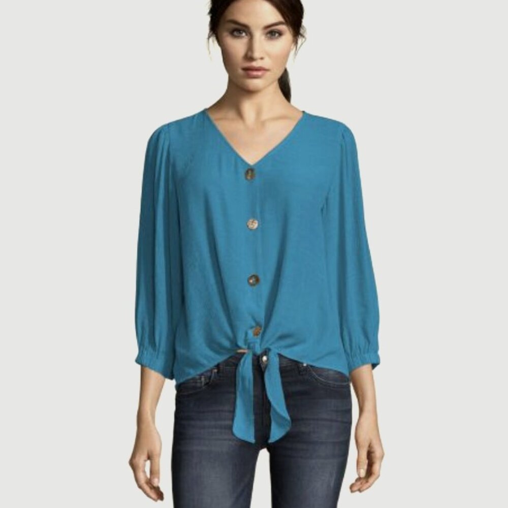 🌼 John Paul Richard Tie-Hem Blouse with Button Front, Teal L